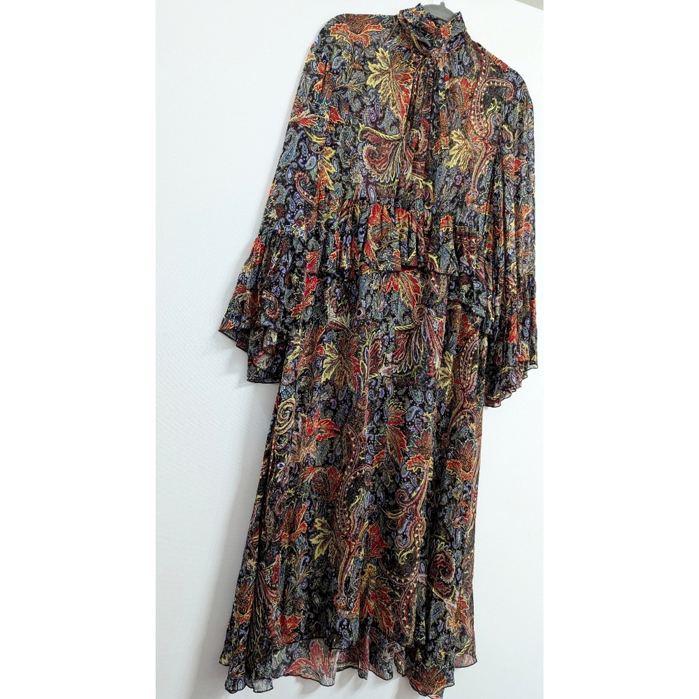 ZARA Long Oversized Ruffle Trim Printed Dress Women's Size XS-S - Picture 9 of 16